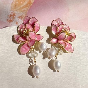 Enamel Pink Lotus Flower with Natural Fresh Water Pearl Drops Studded Earrings, Handmade Earrings, Gift For Her, Elegant Zen Gift