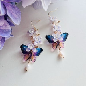 Butterfly Statement Earrings, Purple Hydrangea Flower w/ Purple Butterfly Real Pearls Dangled Drop Earrings, Handmade Earrings, Gift For Her