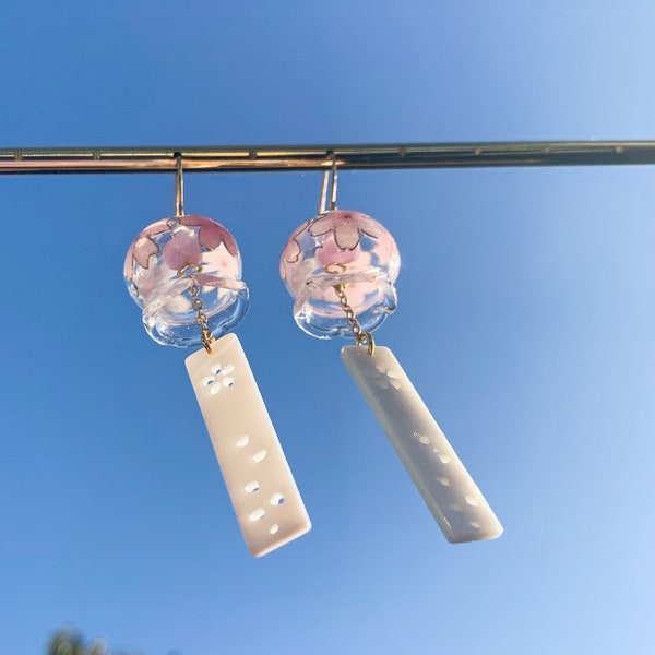 Japanese Wind Chime Furin Glass Sakura Cherry Blossom Flower with Natural White Shell Drop Dangled Earrings, Handmade Earrings