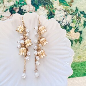 Matte Gold “Lily of the Valley” Flower with Pearls Dangled Drop Earrings, Handmade Earrings, Floral Earrings, Gift for Her, Birth Month