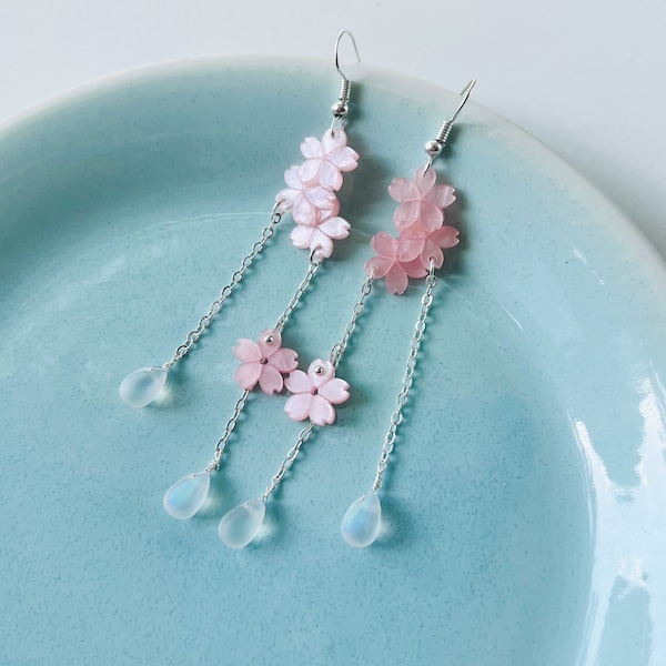 Cherry Blossom Pink Japanese Sakura Flower with Crystal Drops Long Dangling Earrings, Handmade Earrings, Aesthetic Earrings, Gift For Her