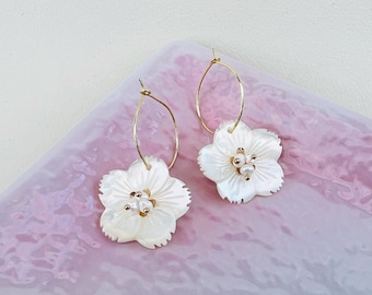 Natural Shell Engraved Ivory White Cherry Blossom Sakura Flower Gold Plated Hoop Earrings, Handmade Earrings, Ear Hoops, Bridal Earrings