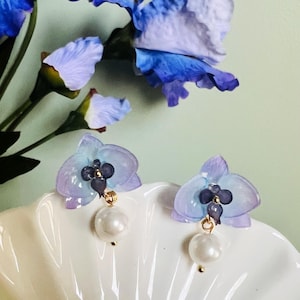 Shrink Plastic Blue Purple Ombré Orchid Flower with Pearl Drops Studded Earrings, Handmade Earrings, Orchid Earrings, Gift for Her