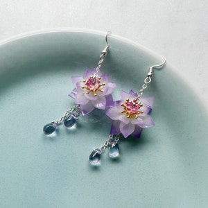 Shrink Plastic Purple Lotus Flowers with Seedpod and Crystal Drop Dangled Earrings, Handmade Earrings, Zen Earrings, Gift for Her