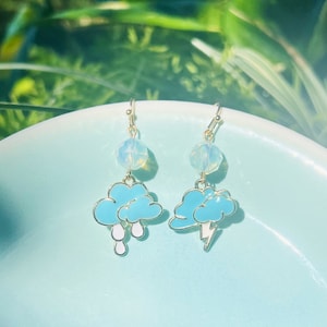 Enamel Blue Cloud with Rain Drops or Lighting Bolts Asymmetrical Dangled Earrings, Handmade Earrings, Gift for Her, Sun Catching,Fun Earring