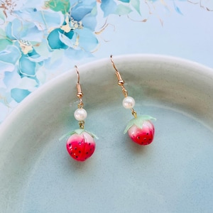 Super Cute Red Strawberry with Pearl Dangled Drop Earrings, Handmade Earrings, Kawaii Earrings, Fruit Earrings, Gift For Her, Girl Gift