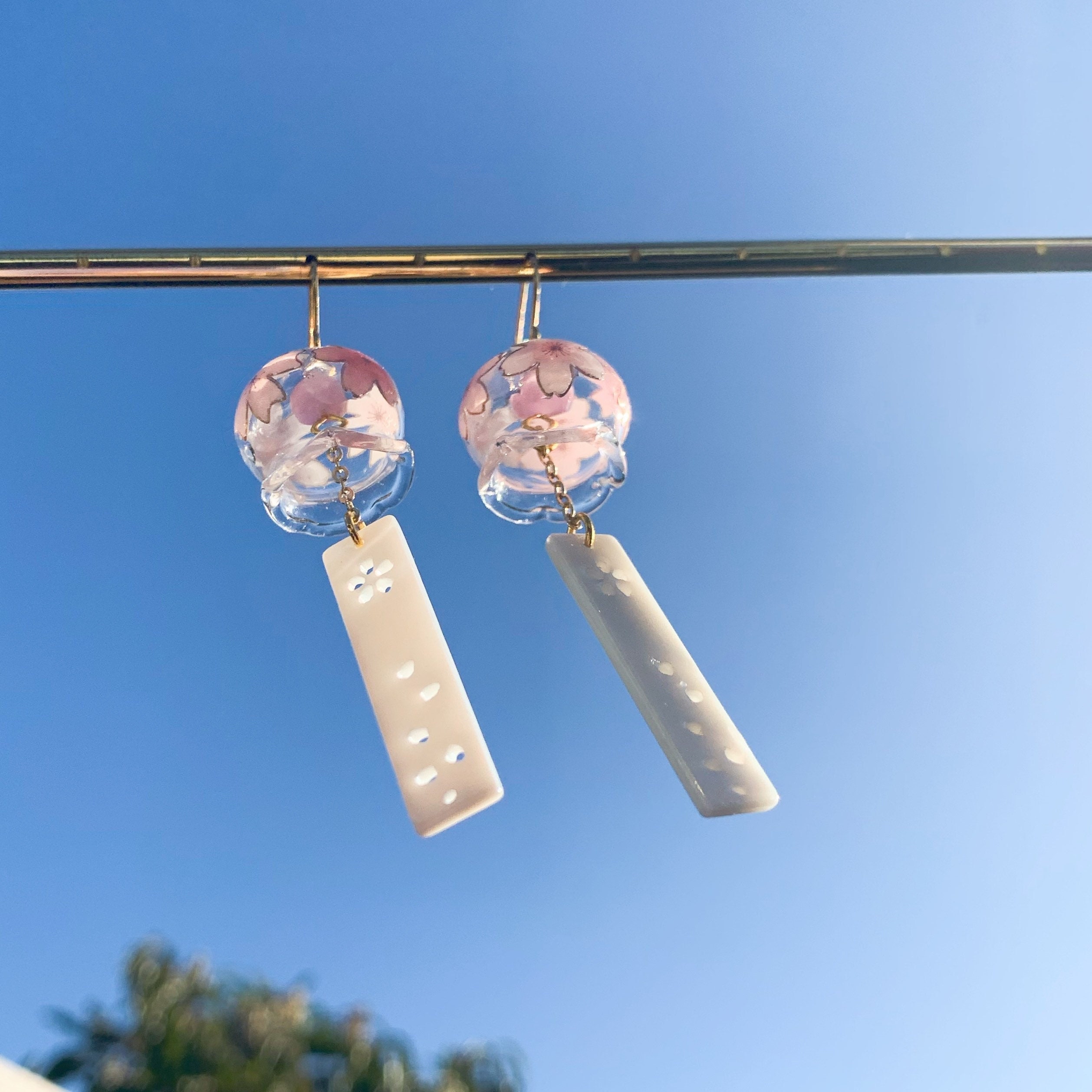 Japanese Wind Chime Furin Glass Sakura Cherry Blossom Flower with Natural White Shell Drop Dangled Earrings, Handmade Earrings