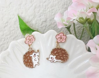 Enamel Cute Hedgehog Animal with Pink Flower Post Studded Earrings, Asymmetrical Earrings, Handmade Earrings, Gift For Her, Gift for Girl