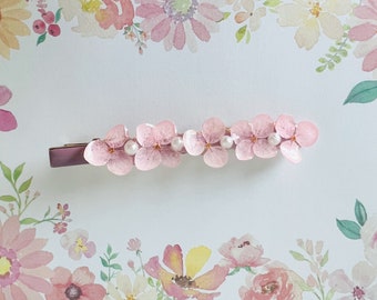 Resin Pressed Real Pink Hydrangea Flowers with Fresh Water Pearls Hair Clip Hairpiece, Handmade Hair Clip, Romantic Hair Clip, Gift for Her