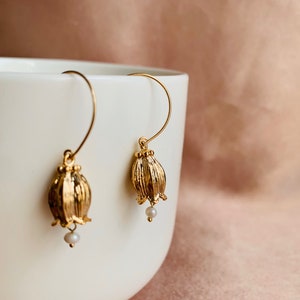Matte Gold Lily of the Valley Flower with Fresh Water Pearl Drop Hoop Earrings, Handmade Ear Hoops
