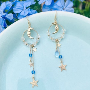 Crescent Moon and Stars with Crystals Asymmetrical Dangled Drop Earrings, Handmade Earrings,  Crescent Moon Earrings, Celestial Earrings