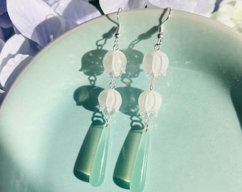 Elegant Lily of the Valley Flower with imitation Green Jade Long Drop Dangling Earrings, Handmade Earrings, Birth Month Flower, Gift for Her