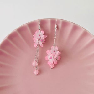 Shrink Plastic Cherry Blossom Pink Sakura Flower Clusters with Pink Beads Asymmetrical Dangled Earrings, Handmade Earrings, Gift For Her