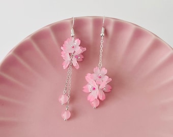 Pink Cherry Blossom Sakura Flower Clusters with Pink Beads Asymmetrical Dangled Earrings, Handmade Earrings, Gift For Her, Kawaii Jewelry