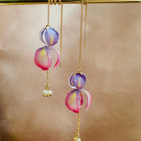 Romantic Pink Purple Fleur-de-lis Iris Flower Threader Earrings, like real Iris Flower, Handmade Ear Threaders, Shrink Dink Flower Earrings