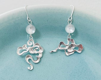 Oriental Clouds with White Opal  Asymmetrical Dangled Drop Earrings, Handmade Earrings, Oriental Earrings, Cool Earrings, Gift for Her