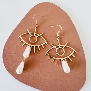 Golden Eyes with Imitation Pearl Tears Foiled Crying Asymmetrical Dangled Earrings, Handmade Earrings, Statement Earrings