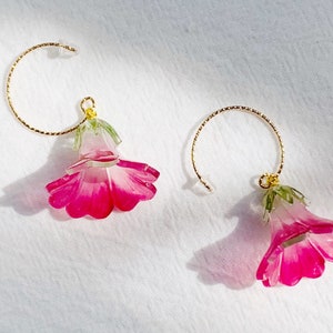 Hot Pink Shrink Dink Morning Glory Bell Flower Gold Plated Hook/Hoop Dangled Drop Earrings, Handmade Earrings, Gift For Her