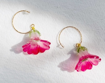Hot Pink Shrink Dink Morning Glory Bell Flower Gold Plated Hook/Hoop Dangled Drop Earrings, Handmade Earrings, Gift For Her