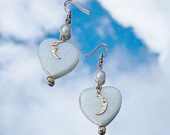 Crescent Moon with Heart Shaped Imitation Pearls Dangled Drop Earrings, Handmade Earrings, Crescent Moon Earrings, Celestial Earrings