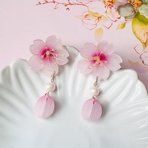 Cherry Blossom Pink Sakura Flower Japanese Stud Earrings, Handmade Earrings, Aesthetic Earrings, Kawaii Earrings, Gift For Her