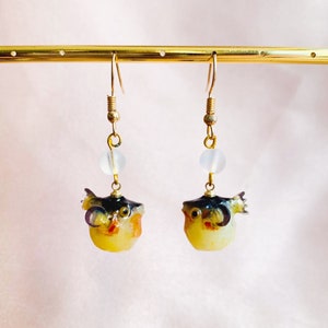 Cute Pufferfish Balloonfish with Moonlight Color Glass Beads Dangled Drop Earrings, Fish Lover Gift, Handmade Earrings