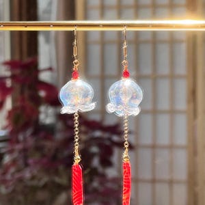 Best Wishes Earrings, Japanese Wind Chime Glass Furin with Japanese Paper Omamori Drop Dangled Earrings, Handmade Earrings, Furin Earrings