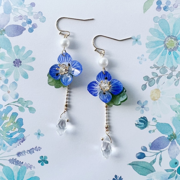 Persian speedwell (Veronica Persica) Blue Wildflower Shrink Flower w/ Crystal Drop Dangled Earrings, Handmade Earrings, Something Blue Gift