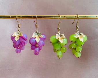Purple or Green Grapes Earrings with Golden Leaves, Fruit Lovers Gift, Handmade Dangled Drop Hooked Earrings