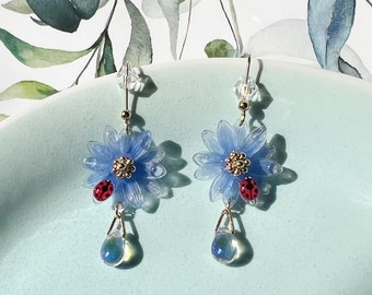 Blue Daisy Flowers with Cute Ladybug and Crystal Dew Drops Dangling Earrings, Handmade Earrings, Blue Flower Earrings, Gift for Her