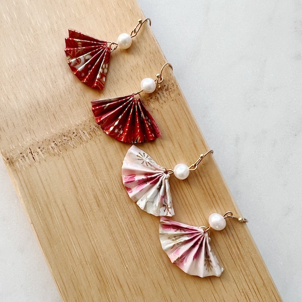 Resin Coated Japanese Origami Fan with Fresh Water Pearls Dangled Drop Earrings, Handmade Earrings, Gift for Her, Comes in 3 colors