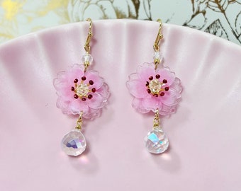 Pink Cherry Blossom Japanese Sakura Flower with Swarovski Crystal Teardrop Dangled Earrings, Handmade Earrings, Kawaii Earring, Gift for Her