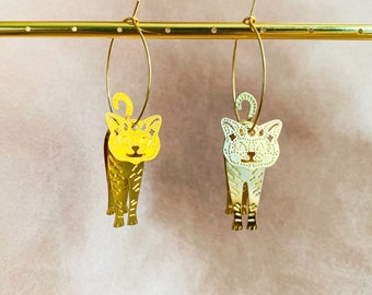 The Walking Cat/Big Cats Gold Plated Hoop Earrings, Handmade Ear Hoops, Vibrating Earrings for Cat Lovers