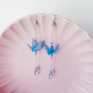 Laser Color Blue Japanese Paper Crane with Crystal Drops Dangled Earrings, Handmade Earrings, Best Wishes Earrings, Gift for Her