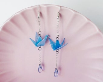 Laser Color Blue Japanese Paper Crane with Crystal Drops Dangled Earrings, Handmade Earrings, Best Wishes Earrings, Gift for Her