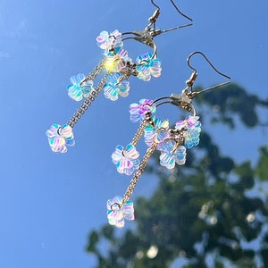 Suncatcher Laser Color Rainbow Hue Shiny Flowers Long Dangled Drop Earrings, Handmade Earrings, Musicial Festival Earrings, Gift for Her