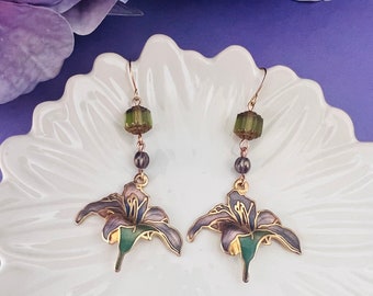 Vintage Style Cloisonné Purple Pink Fleur-de-lis Iris Flower with Czech Glass Beads Dangled Drop Earrings, Handmade Earrings, Gift for Her