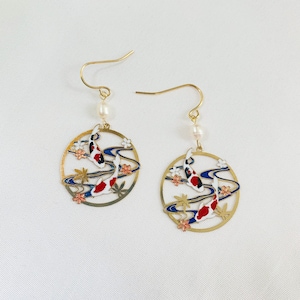 Red White Black Colorful Koi Fish Garden with Fresh Water Pearl, Dangled Drop Earrings, Fish Lovers Gift, Handmade Zen Earrings, Zen Garden