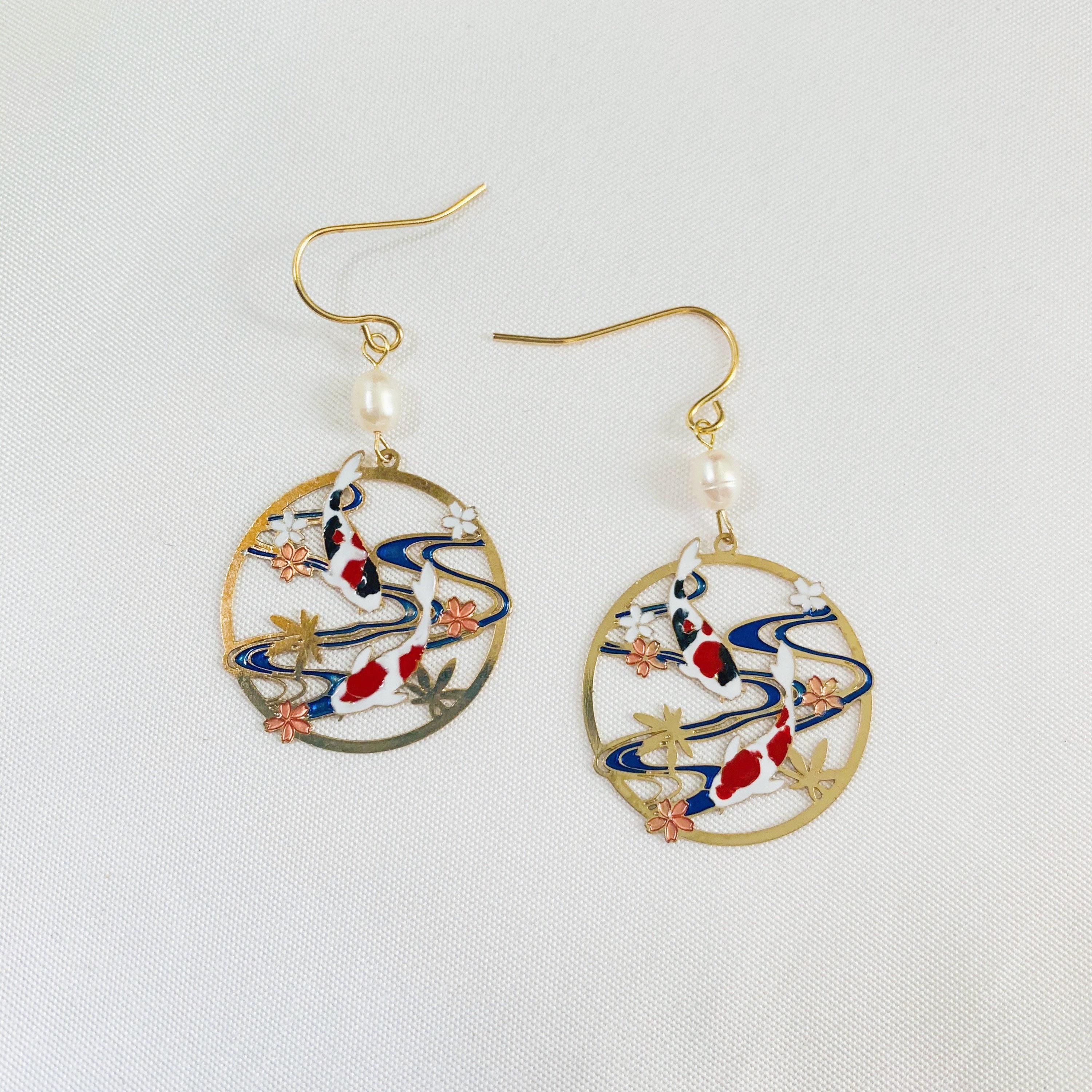 Red White Black Colorful Koi Fish Garden with Fresh Water Pearl, Dangled Drop Earrings, Fish Lovers Gift, Handmade Zen Earrings, Zen Garden