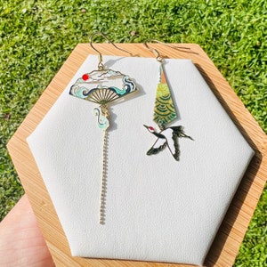 Enamel White Crane Sea Wave and Traditional Japanese Paper Asymmetrical Dangled Earrings, Handmade Earrings, Taoism Earrings, Gift for Her