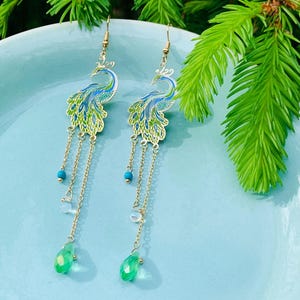 Elegant Enamel Green Peacock with various Crystals Drops Long Dangling Earrings, Handmade Earrings, Gift for Her, Bird Lover Gift, Statement