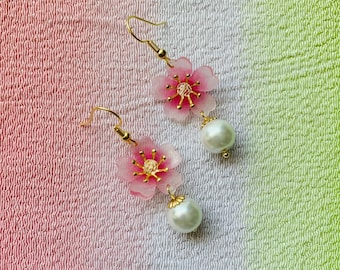 Kersenbloesem roze Sakura bloem met pareldruppels Japanse oorbellen, handgemaakte oorbellen, esthetische oorbellen, kawaii oorbellen, cadeau voor haar