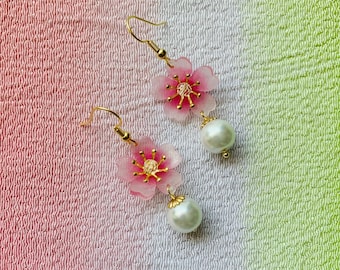 Cherry Blossom Pink Sakura Flower with Pearl Drops Japanese Earrings, Handmade Earrings, Aesthetic Earrings, Kawaii Earrings, Gift For Her