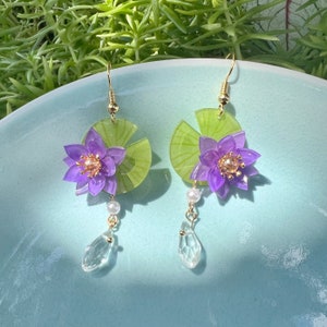Purple Water Lily Lotus Flower with Crystal Drops Japanese Earrings, Handmade Earrings, Aesthetic Earrings, Kawaii Earrings, Gift For Her