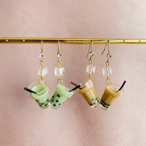Miniature Boba Matcha Milk Tea Drink with Ice Cube Hooked Dangled Drop Earrings, For Milk Tea Lovers, Handmade Earrings