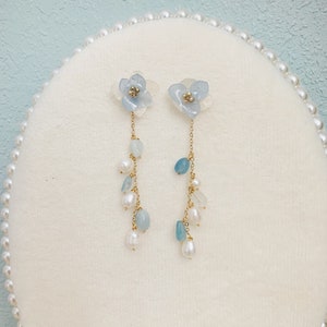 Resin Pressed Real Light Blue Hydrangea Flowers with Fresh Water Pearl and Aquamarine Stone Drop Studded Earrings, Handmade Earrings