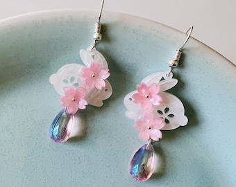 Cherry Blossom Pink Sakura Flower with Cute Rabbit Bunny Crystal Drop Dangling Earrings, Handmade Earrings, Kawaii Earrings, Easter Earrings