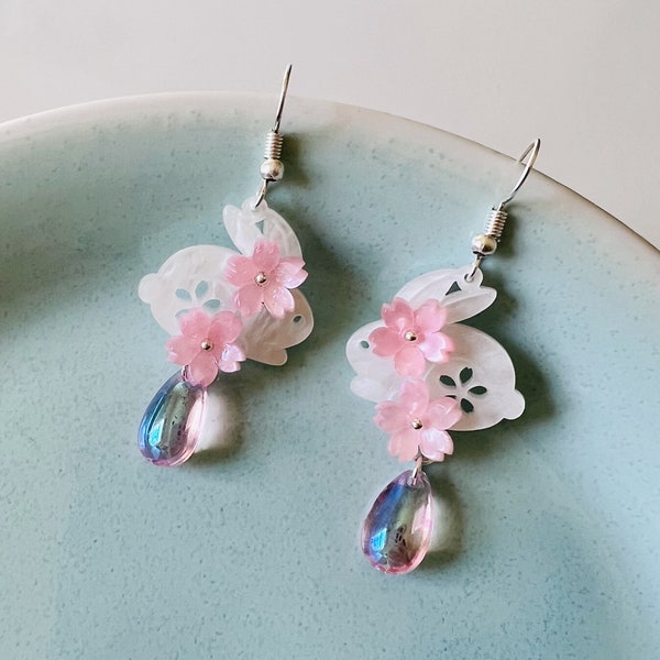 Cherry Blossom Pink Sakura Flower with Cute Rabbit Bunny Crystal Drop Dangling Earrings, Handmade Earrings, Kawaii Earrings, Easter Earrings