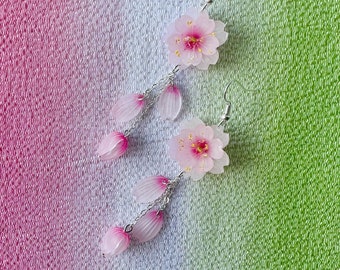 May include: A pair of pink flower earrings with delicate silver chains and pink flower accents. The earrings are on a pink and green gradient background.