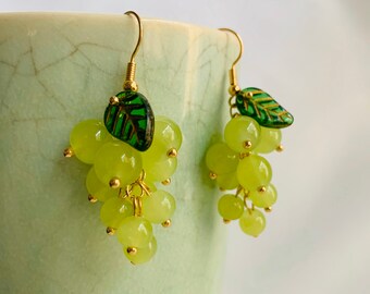 Green Beaded Grapes with Glass Leaves Hooked Dangled Earrings, Fruit Lovers Gift, Handmade Drop Hooked Earrings